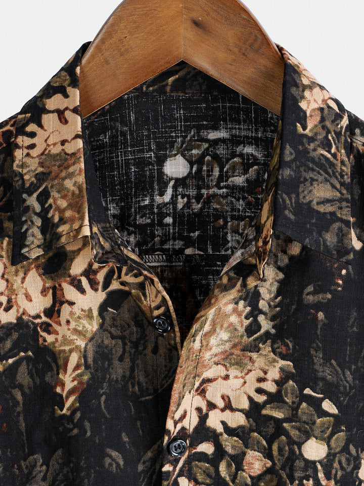 Chemise boutonnée à manches courtes pour homme avec imprimé végétal rétro