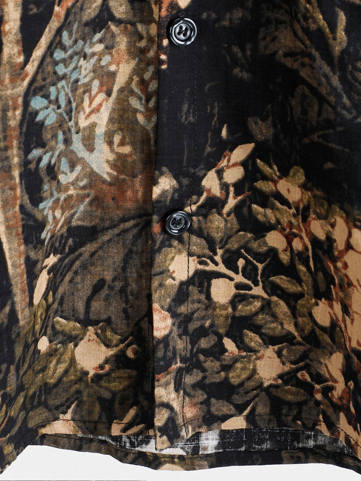 Chemise boutonnée à manches courtes pour homme avec imprimé végétal rétro