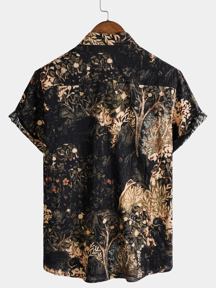 Chemise boutonnée à manches courtes pour homme avec imprimé végétal rétro