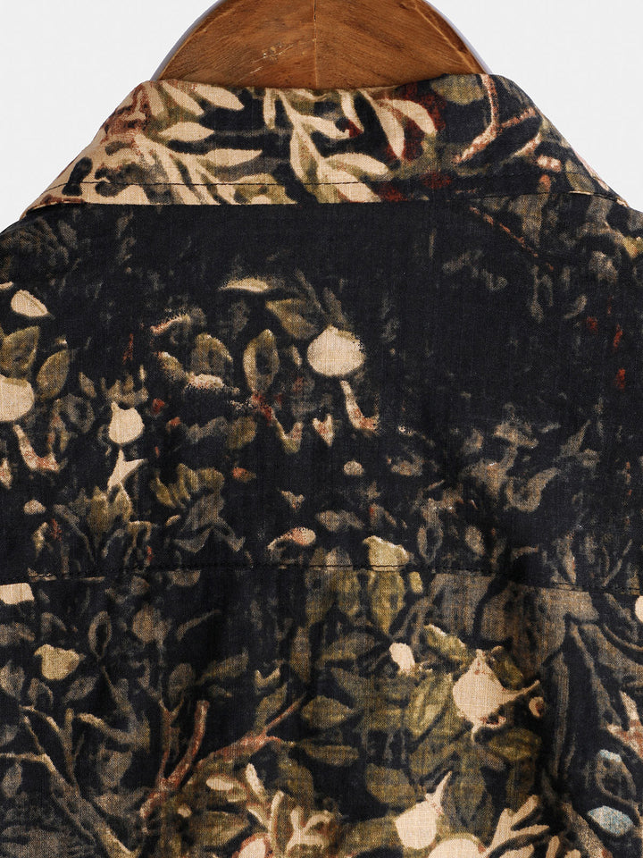 Chemise boutonnée à manches courtes pour homme avec imprimé végétal rétro