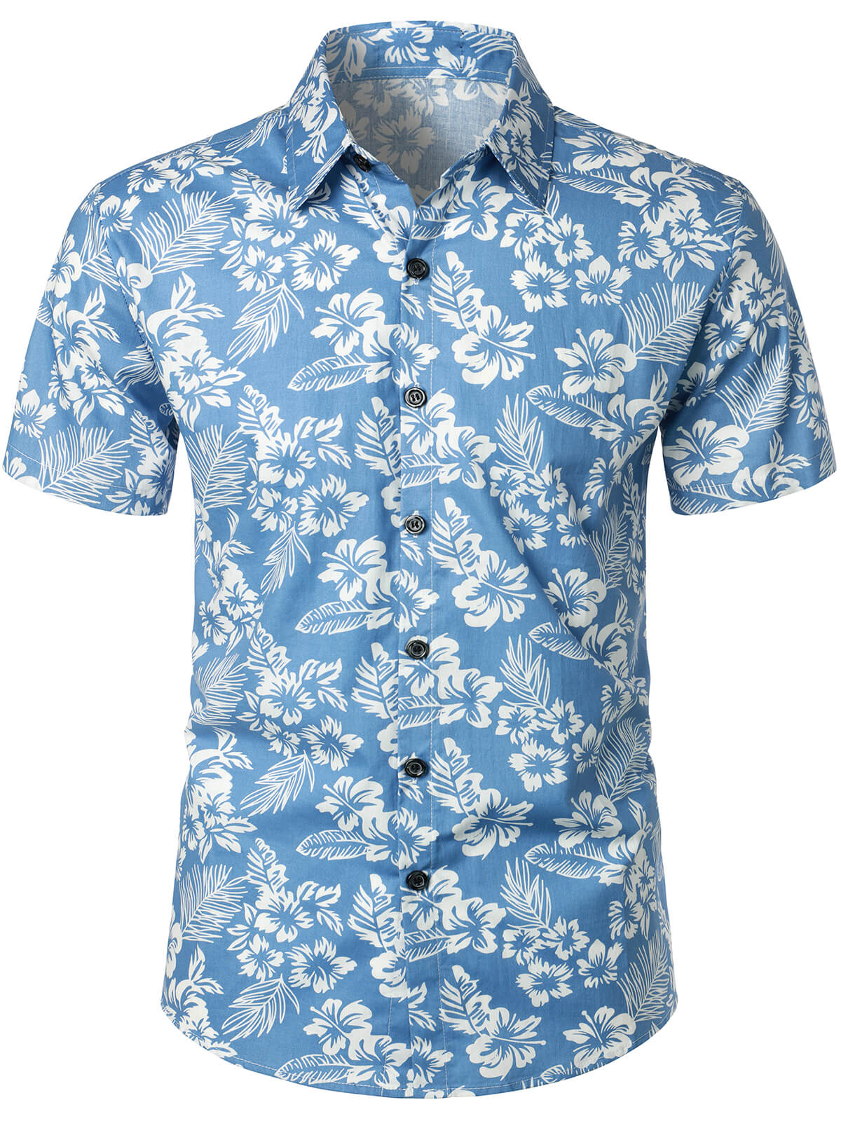 Chemise de plage boutonnée à manches courtes en coton avec feuilles de plantes tropicales bleues pour hommes Aloha Resort