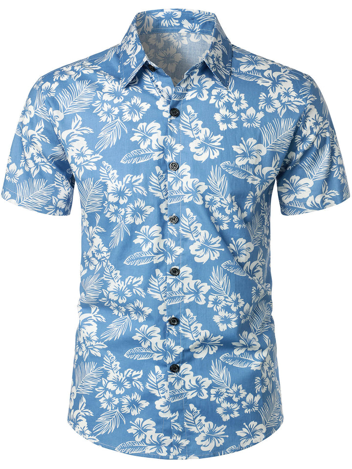 Chemise de plage boutonnée à manches courtes en coton avec feuilles de plantes tropicales bleues pour hommes Aloha Resort