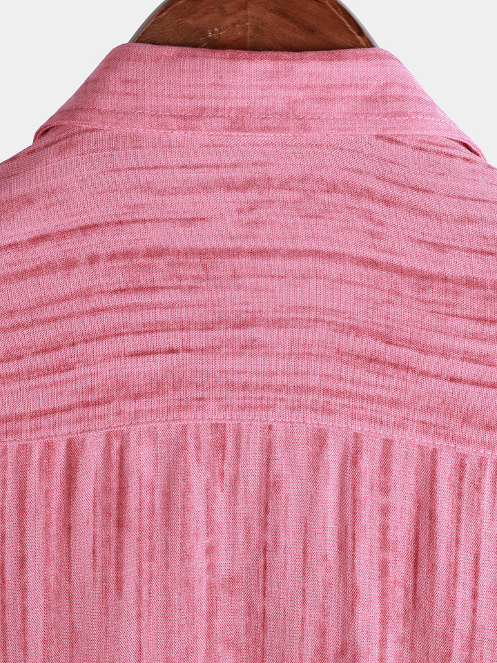 Chemise rayée rose respirante à manches courtes et poches pour homme