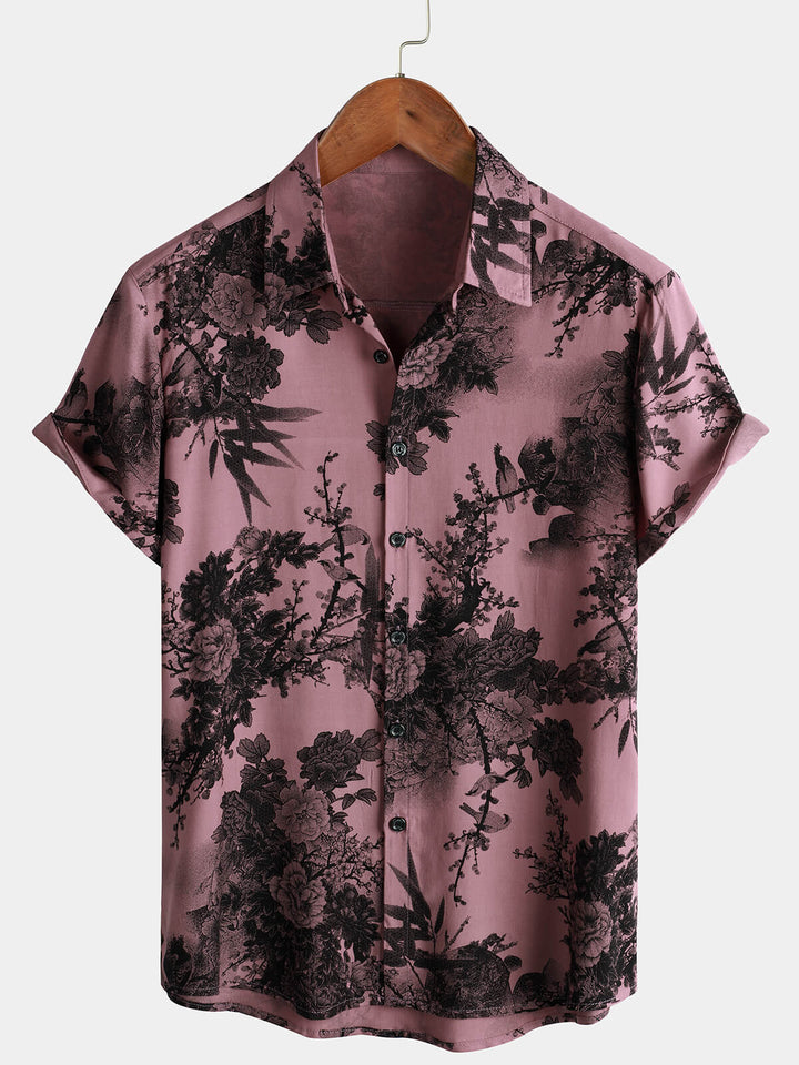 Chemise à manches courtes boutonnée rose en rayonne hawaïenne d&