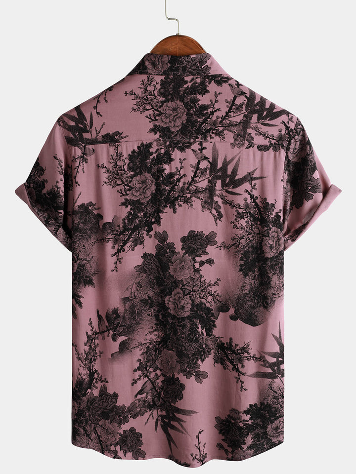 Chemise à manches courtes boutonnée rose en rayonne hawaïenne d&