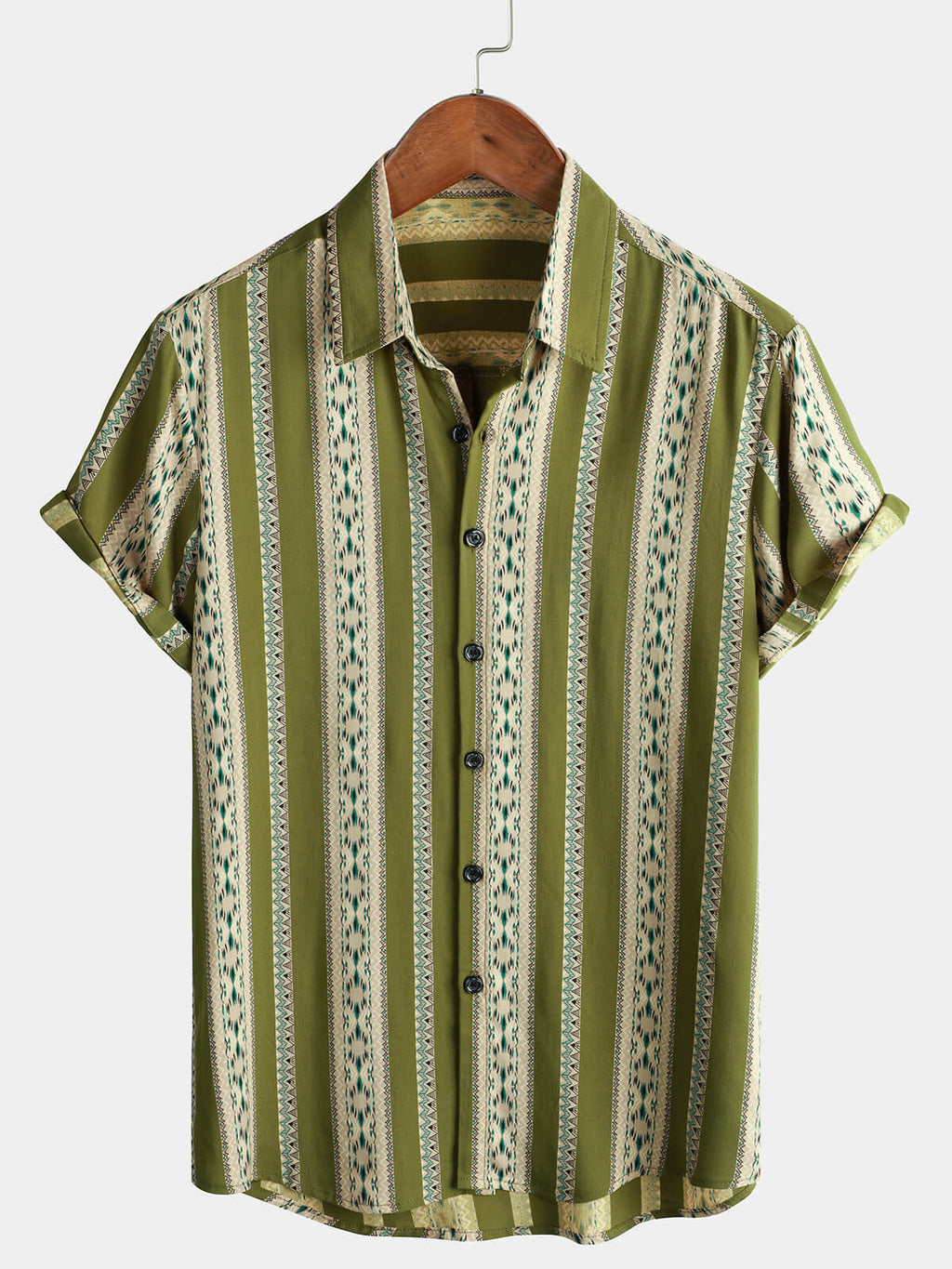 Chemise Rétro à Boutons pour Homme avec Imprimé Aztèque des Années 70 en Vert Rayé et Manches Courtes