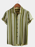 Chemise Rétro à Boutons pour Homme avec Imprimé Aztèque des Années 70 en Vert Rayé et Manches Courtes