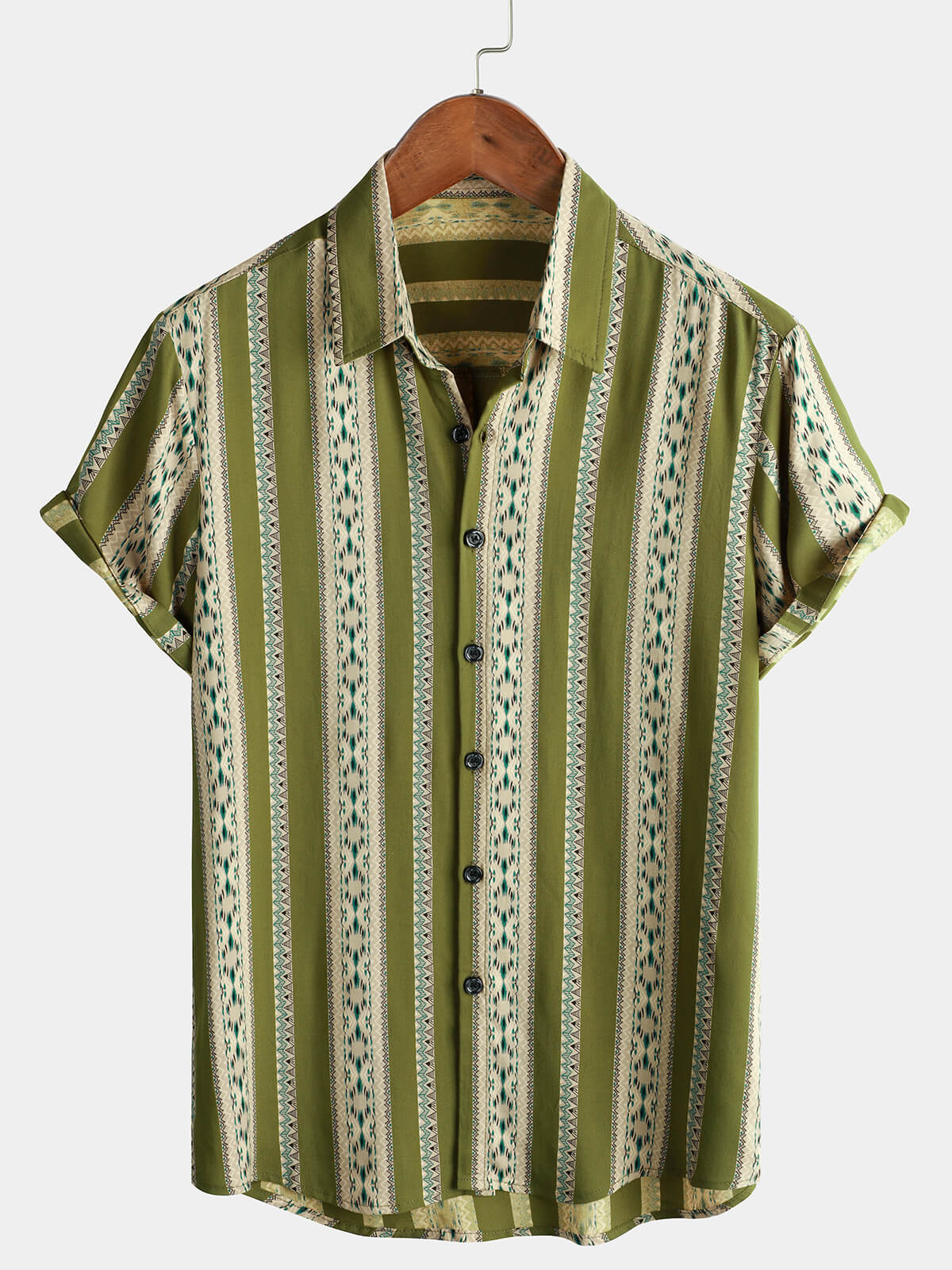Chemise Rétro à Boutons pour Homme avec Imprimé Aztèque des Années 70 en Vert Rayé et Manches Courtes