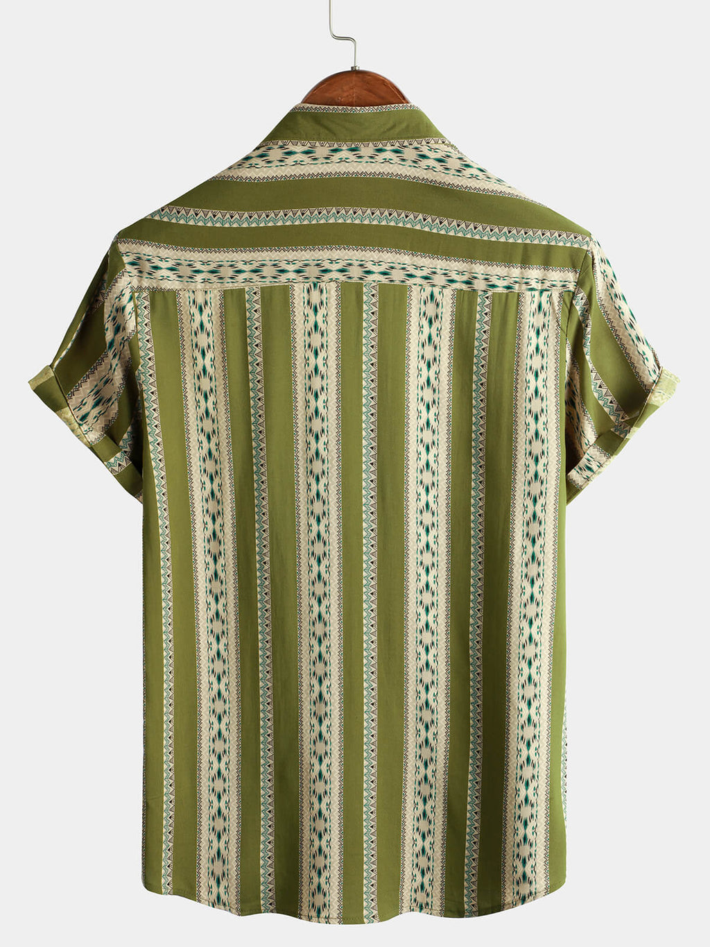 Chemise Rétro à Boutons pour Homme avec Imprimé Aztèque des Années 70 en Vert Rayé et Manches Courtes