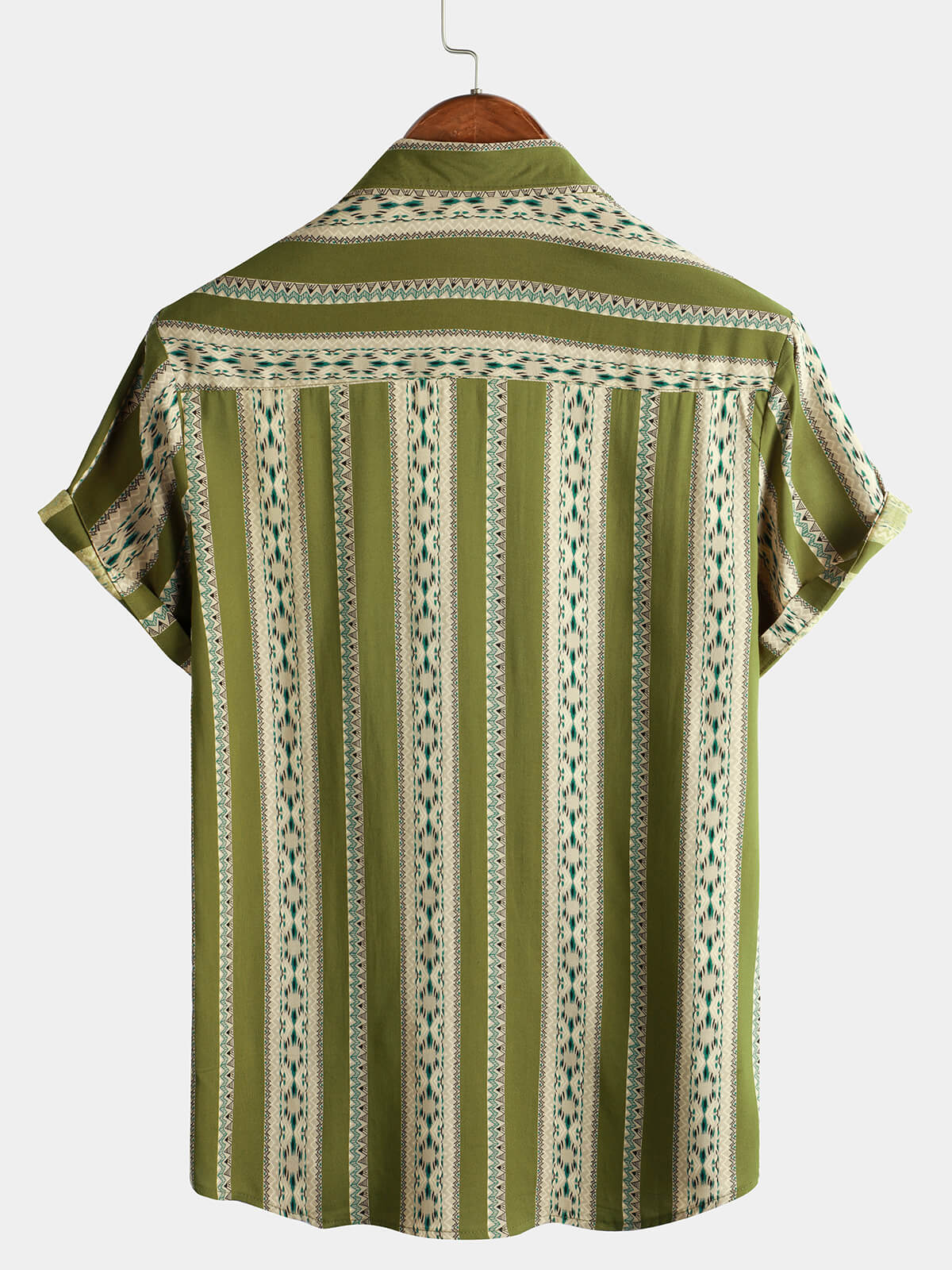 Chemise Rétro à Boutons pour Homme avec Imprimé Aztèque des Années 70 en Vert Rayé et Manches Courtes