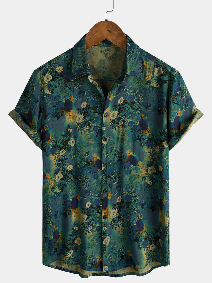 Chemise à manches courtes en rayonne à imprimé floral rétro pour homme