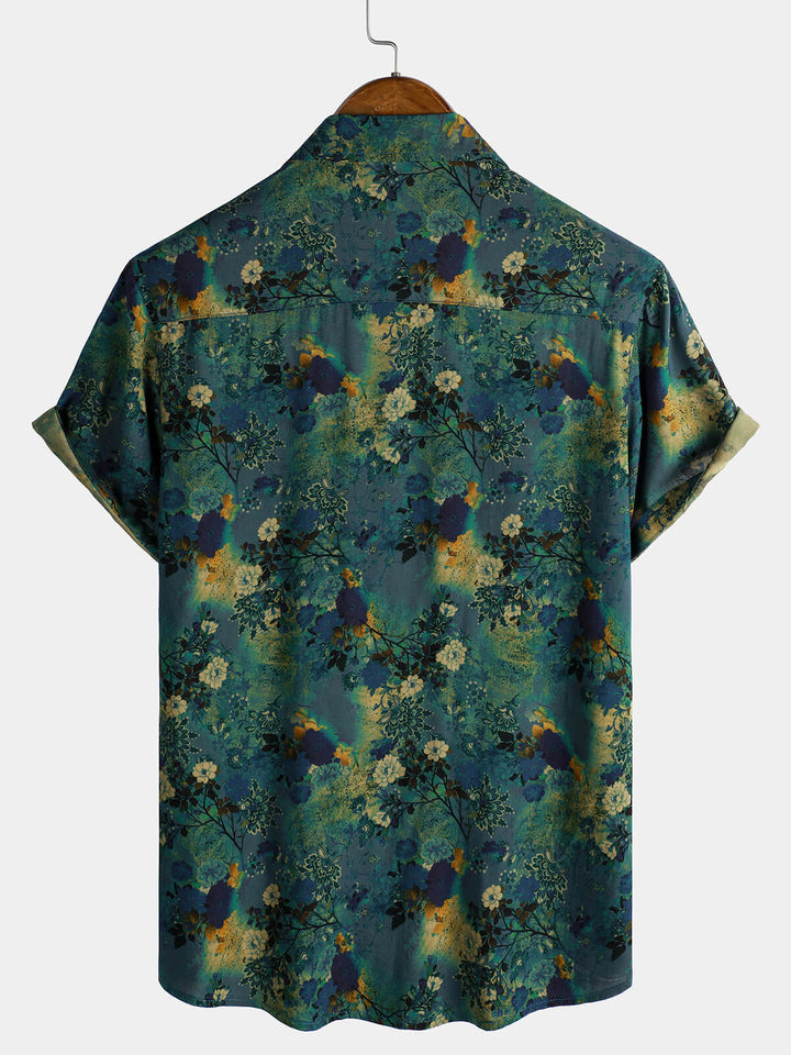 Chemise à manches courtes en rayonne à imprimé floral rétro pour homme