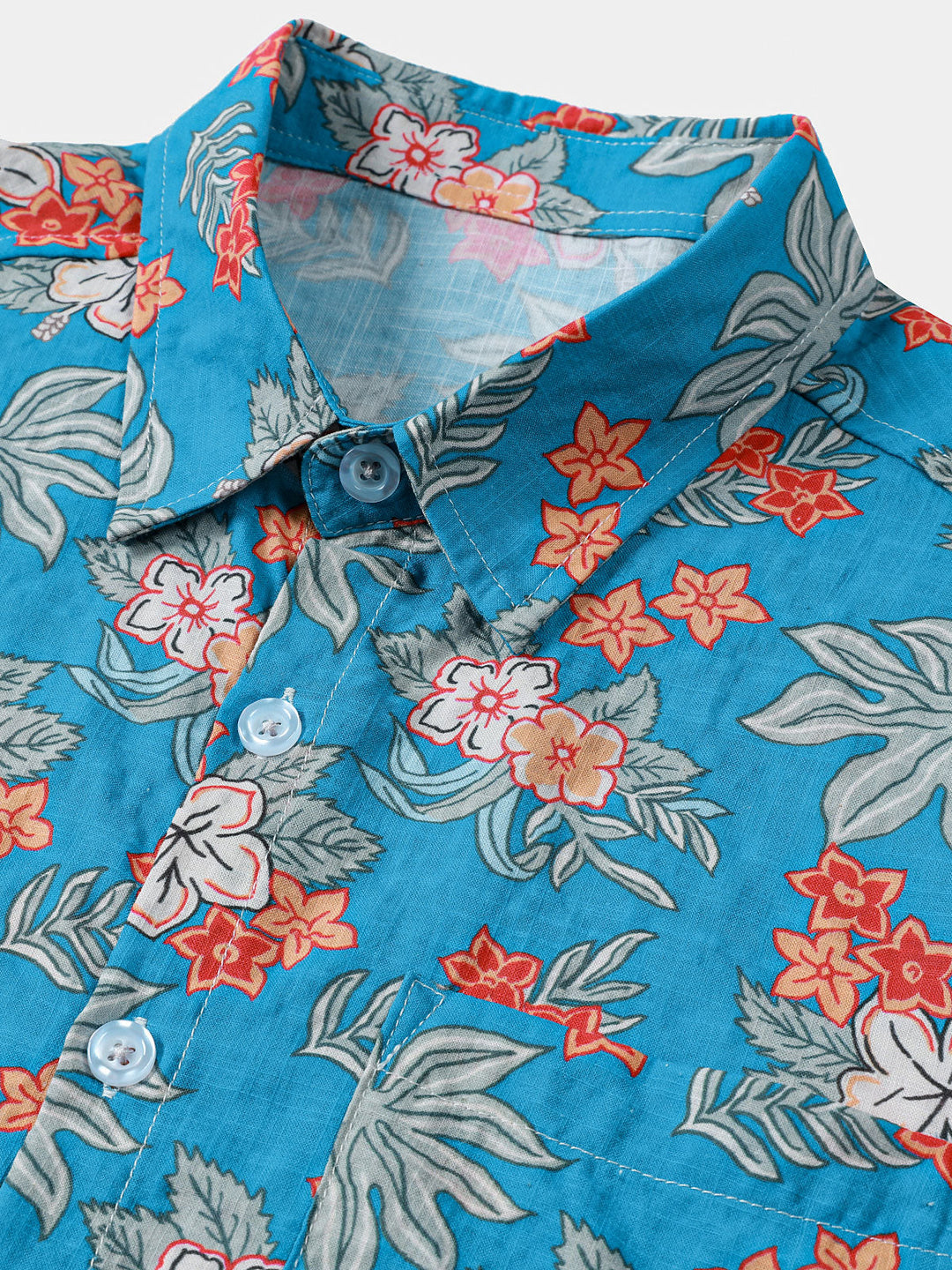 Chemise homme manches courtes imprimé floral tropical bleu plage