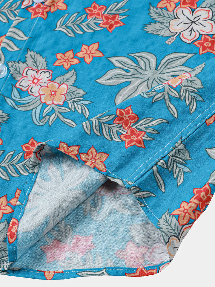 Chemise homme manches courtes imprimé floral tropical bleu plage