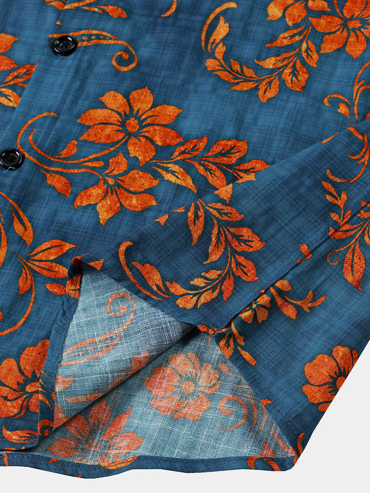 Chemise Homme Bohème à Manches Courtes Imprimé Floral Bleu