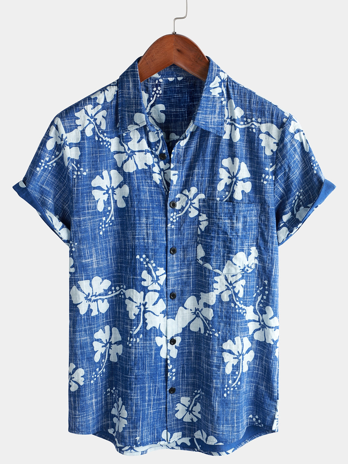 Chemise de Plage Tropicale Hawaïenne pour Homme à Manches Courtes avec Boutons en Bleu Floral Vintage