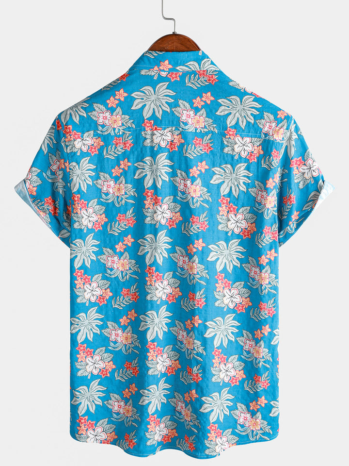 Chemise homme manches courtes imprimé floral tropical bleu plage