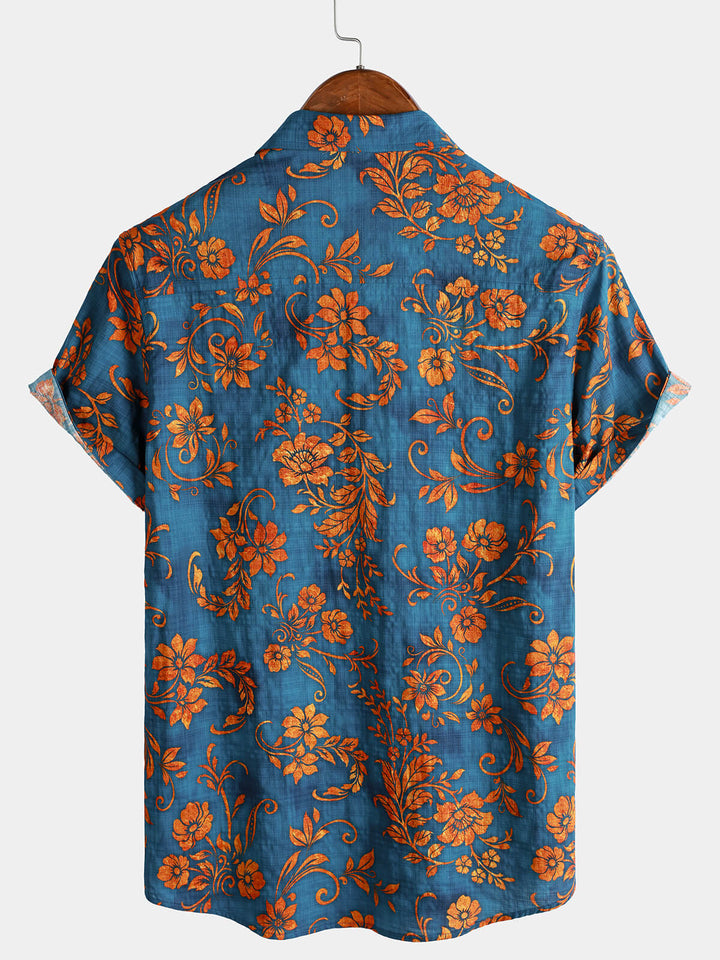 Chemise Homme Bohème à Manches Courtes Imprimé Floral Bleu