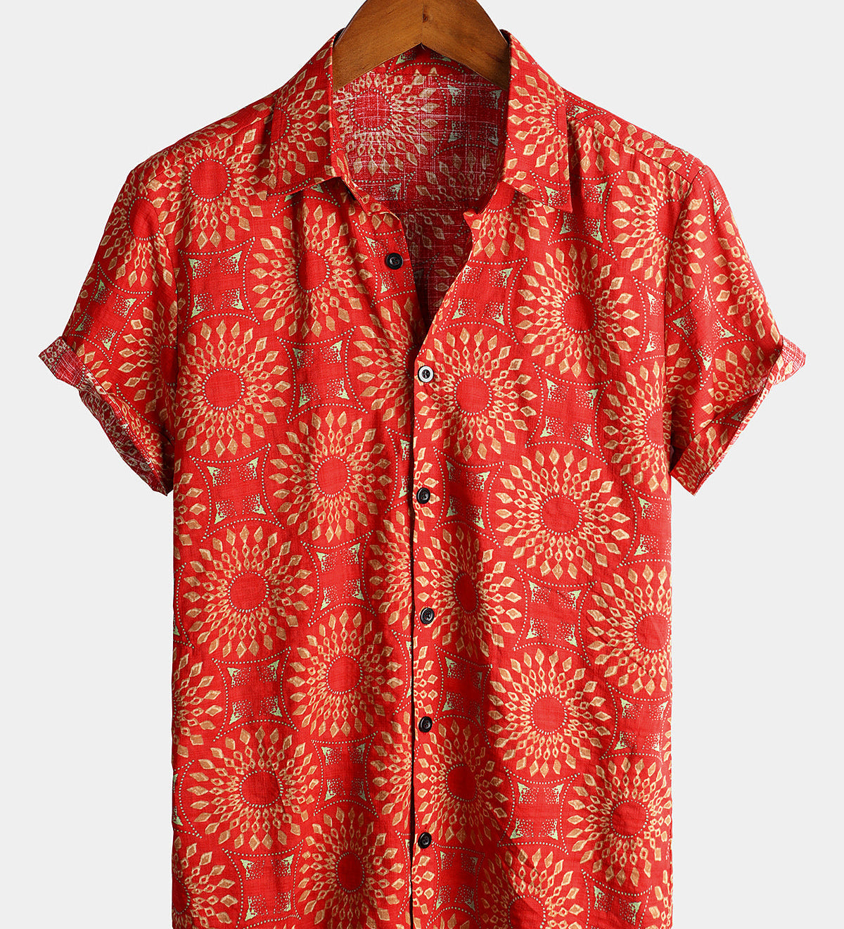 Men's 70s Retro Floral Button-Down Green Shirt for Summer Beach Bohemian Boho Short Sleeve