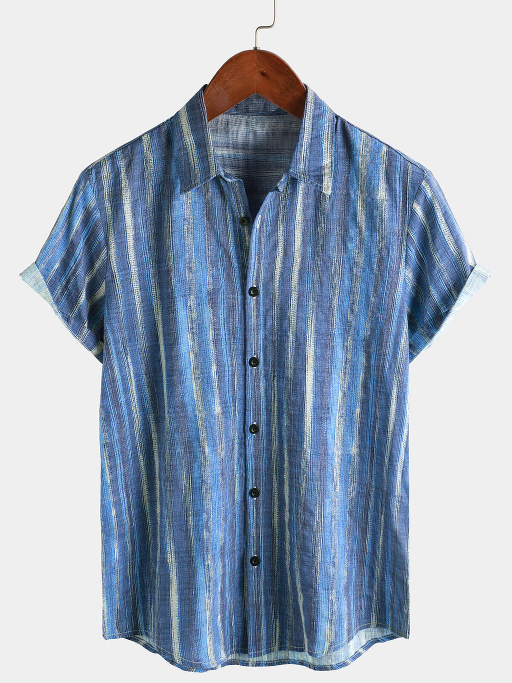 Chemise à Manches Courtes de Vacances Rétro Bleue Rayée pour Homme