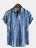 Chemise à Manches Courtes de Vacances Rétro Bleue Rayée pour Homme