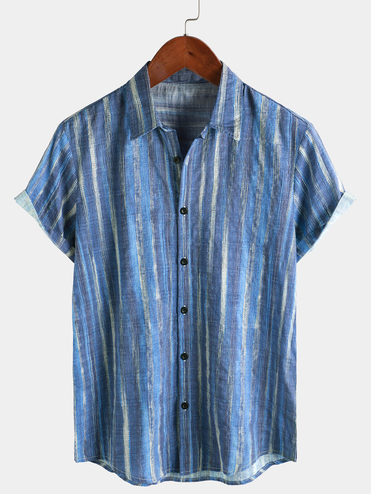 Chemise à Manches Courtes de Vacances Rétro Bleue Rayée pour Homme