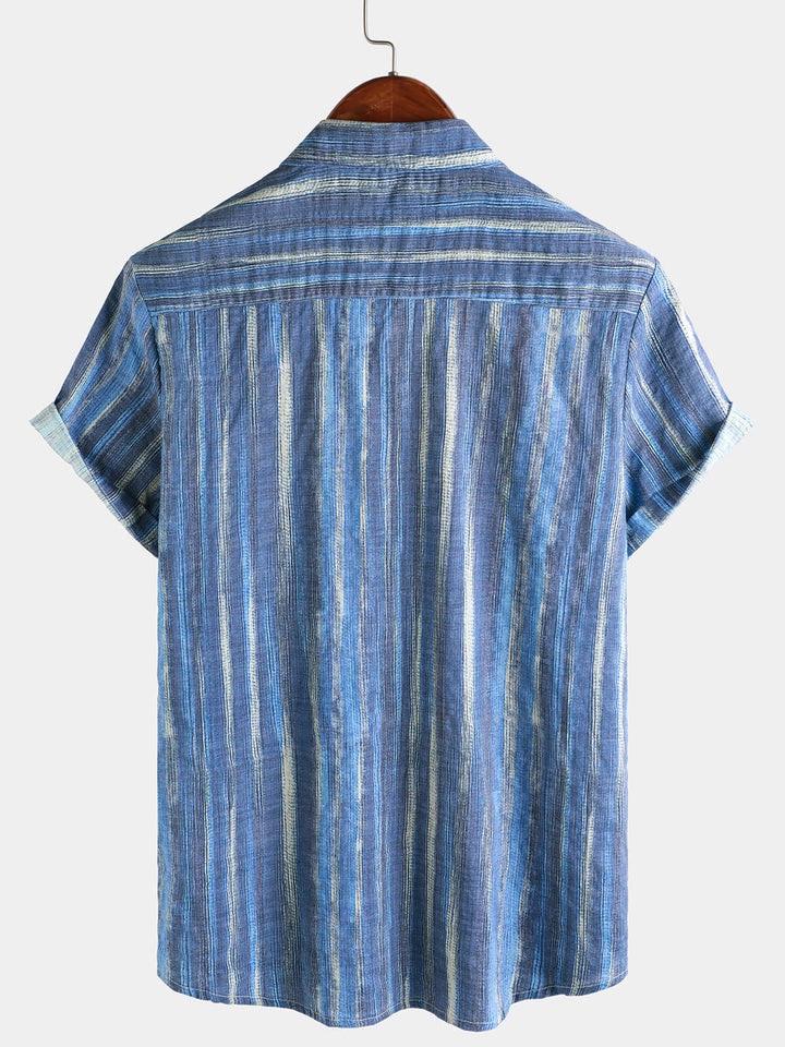 Chemise à manches courtes à rayures bleues rétro pour homme