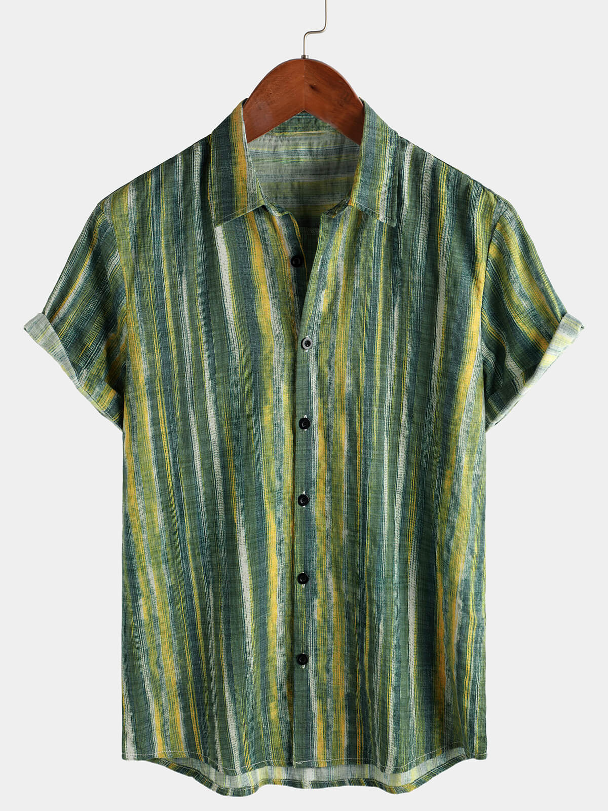 Chemise à manches courtes à rayures vertes rétro pour hommes