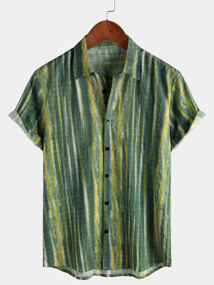 Chemise à manches courtes à rayures vertes rétro pour hommes