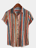 Chemise de Homme Décontractée Rétro à Rayures Multicolores avec Boutons à Manches Courtes