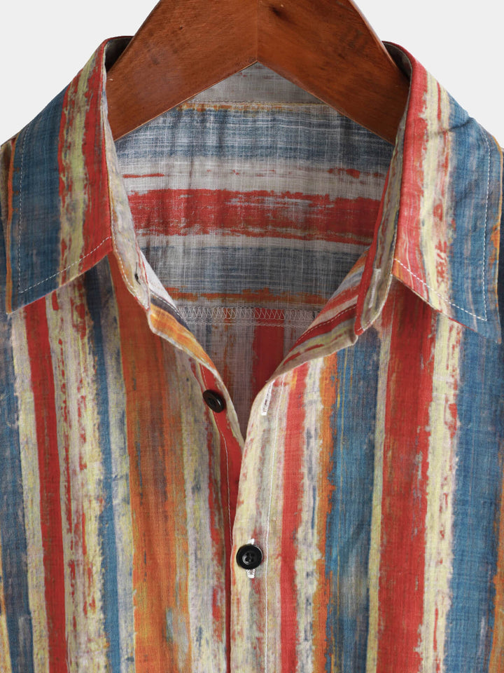 Chemise boutonnée à manches courtes pour homme, décontractée, style rétro, rayée, multicolore, vacances