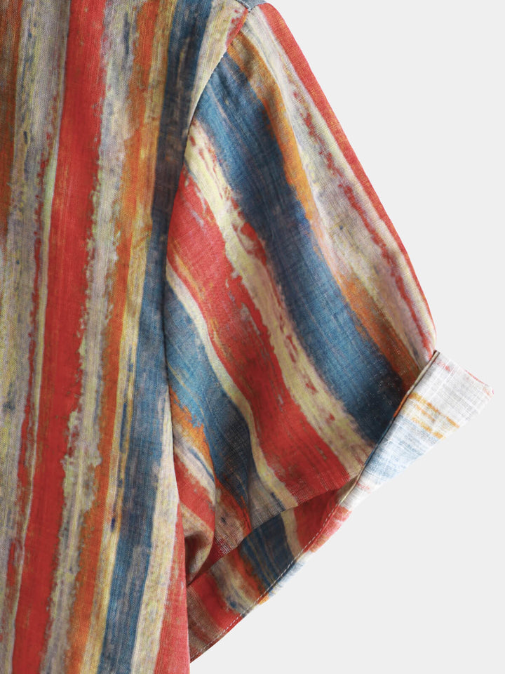 Chemise boutonnée à manches courtes pour homme, décontractée, style rétro, rayée, multicolore, vacances