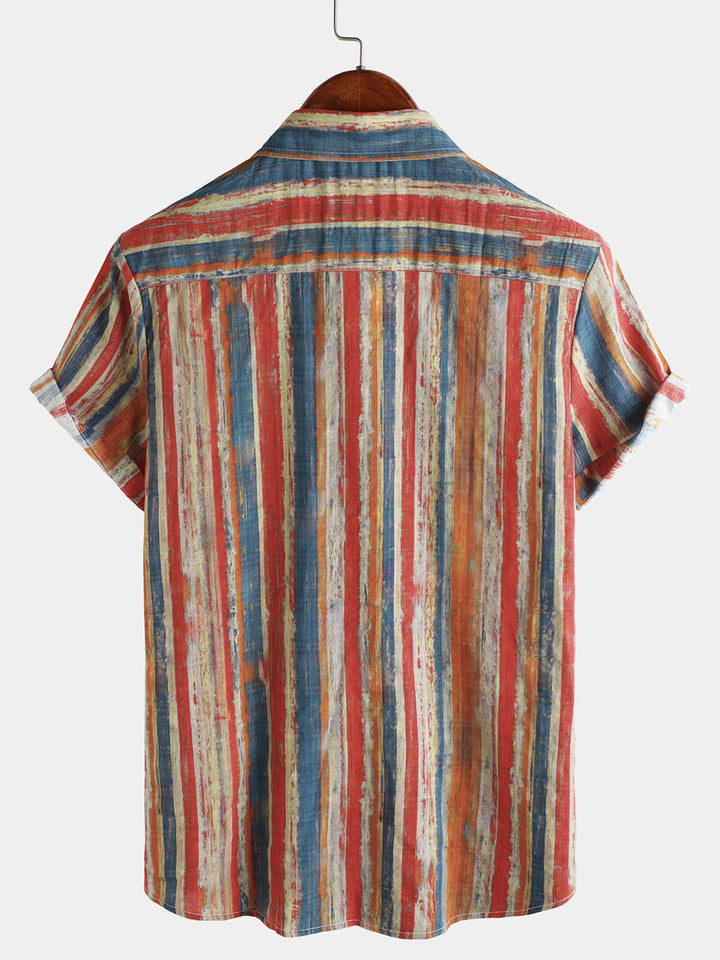 Chemise boutonnée à manches courtes pour homme, décontractée, style rétro, rayée, multicolore, vacances