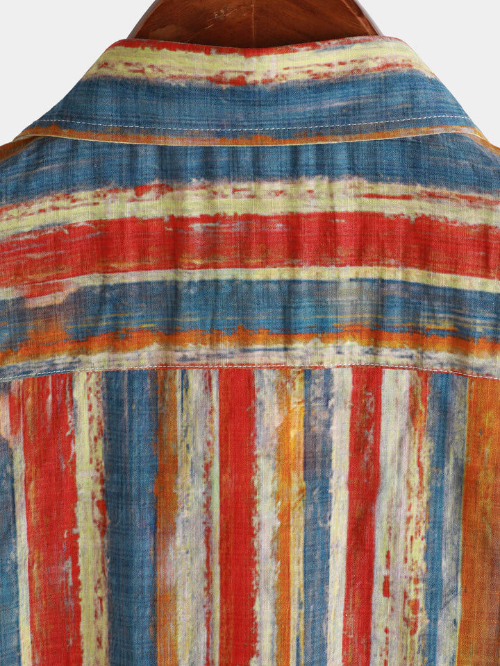 Chemise boutonnée à manches courtes pour homme, décontractée, style rétro, rayée, multicolore, vacances
