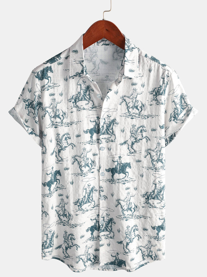 Chemise à manches courtes pour hommes, imprimé cheval, Cowboy, boutonnée, vacances