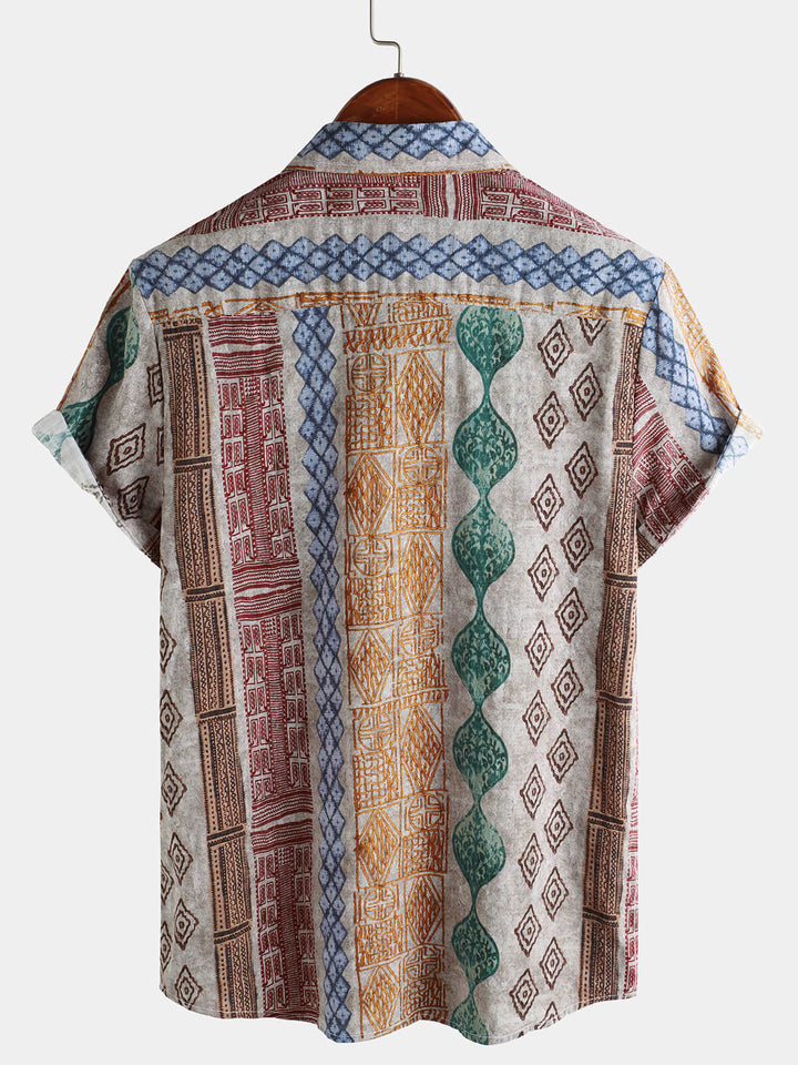 Chemise boutonnée à manches courtes et imprimé rétro à rayures pour homme