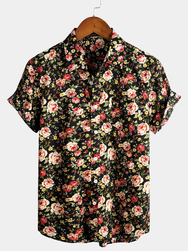 Chemise à manches courtes en coton à imprimé rose pour homme