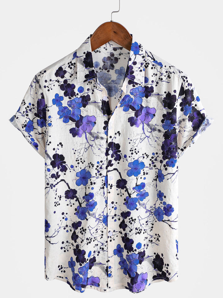 Chemise à manches courtes rétro bleue pour homme, motif vacances d&