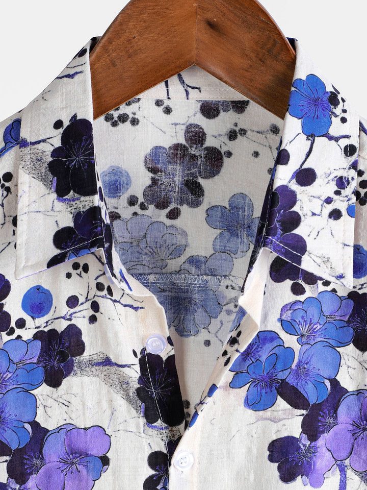 Chemise à manches courtes rétro bleue pour homme, motif vacances d&