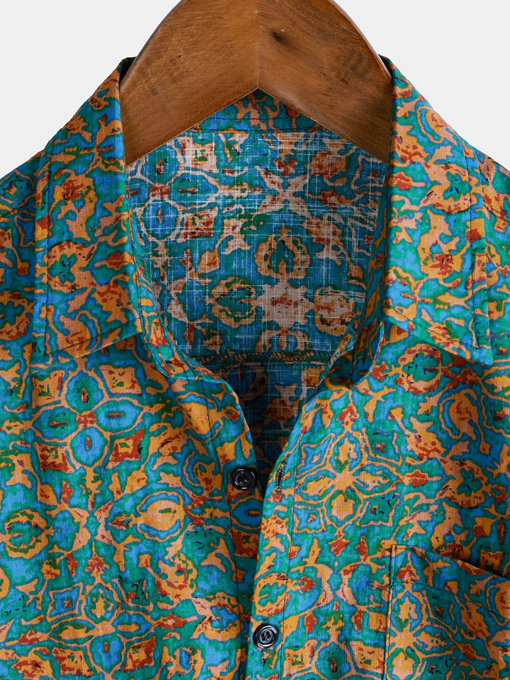 Chemise boutonnée à manches courtes et poches pour homme, style rétro, abstrait