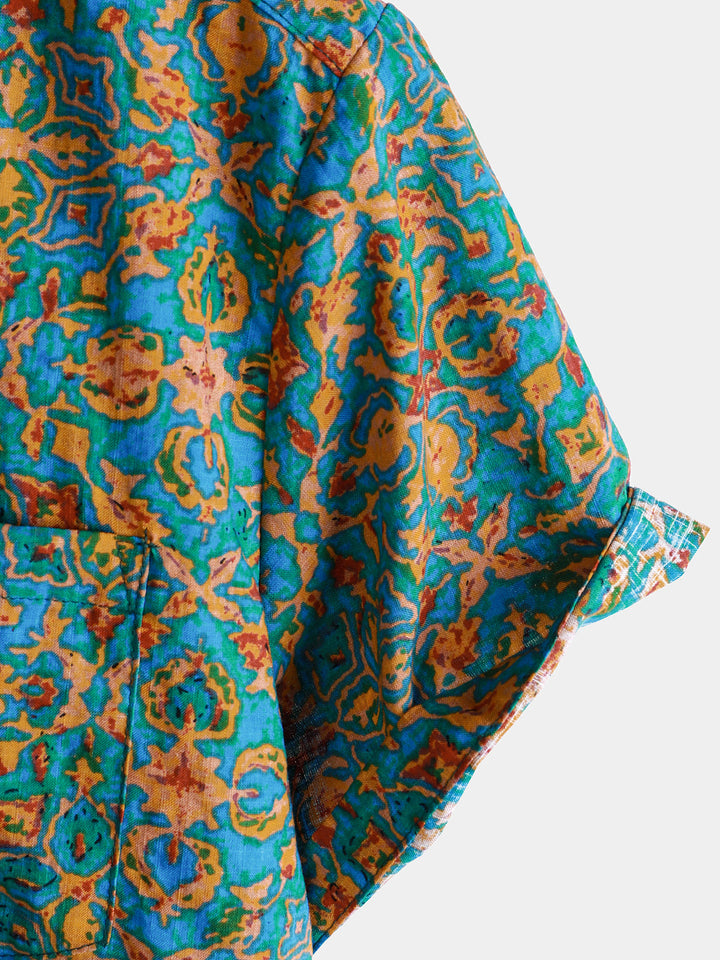 Chemise boutonnée à manches courtes et poches pour homme, style rétro, abstrait