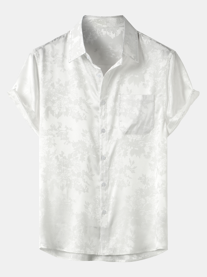 Chemise à manches courtes en satin de soie avec poche jacquard pour hommes