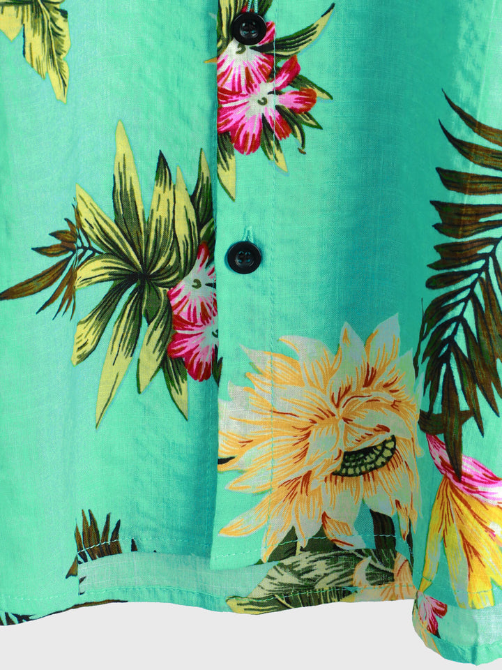 Chemise à manches courtes décontractée à imprimé floral tropical vert clair pour hommes