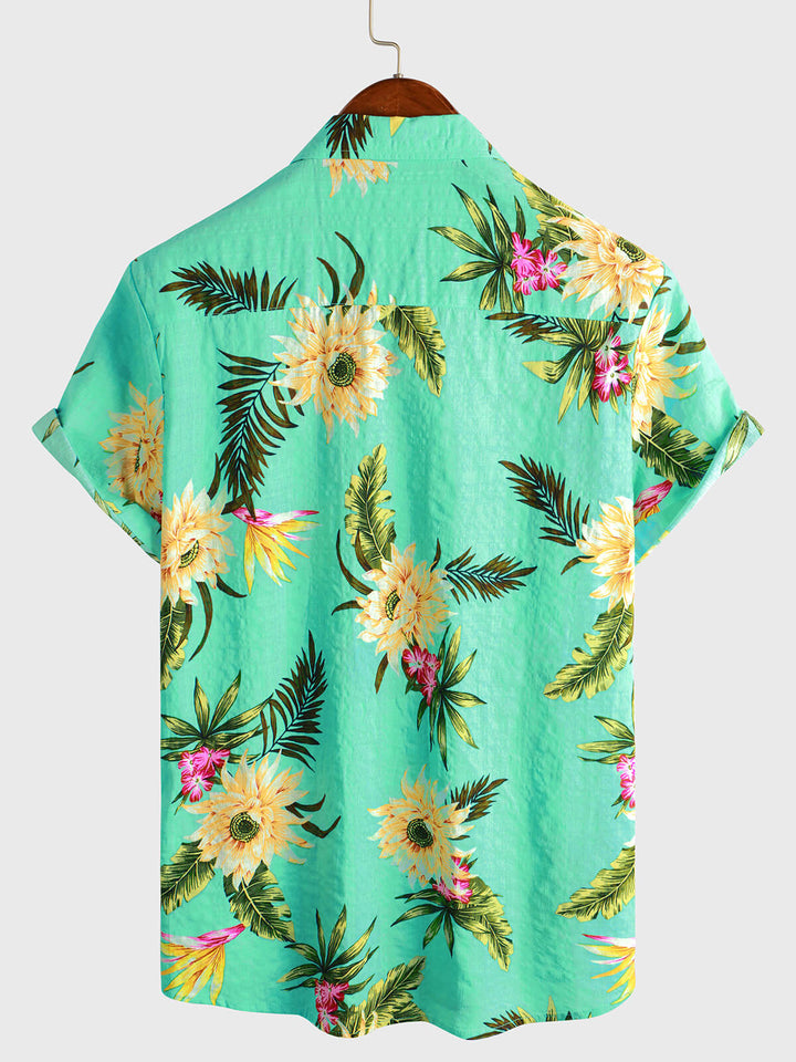 Chemise à manches courtes décontractée à imprimé floral tropical vert clair pour hommes