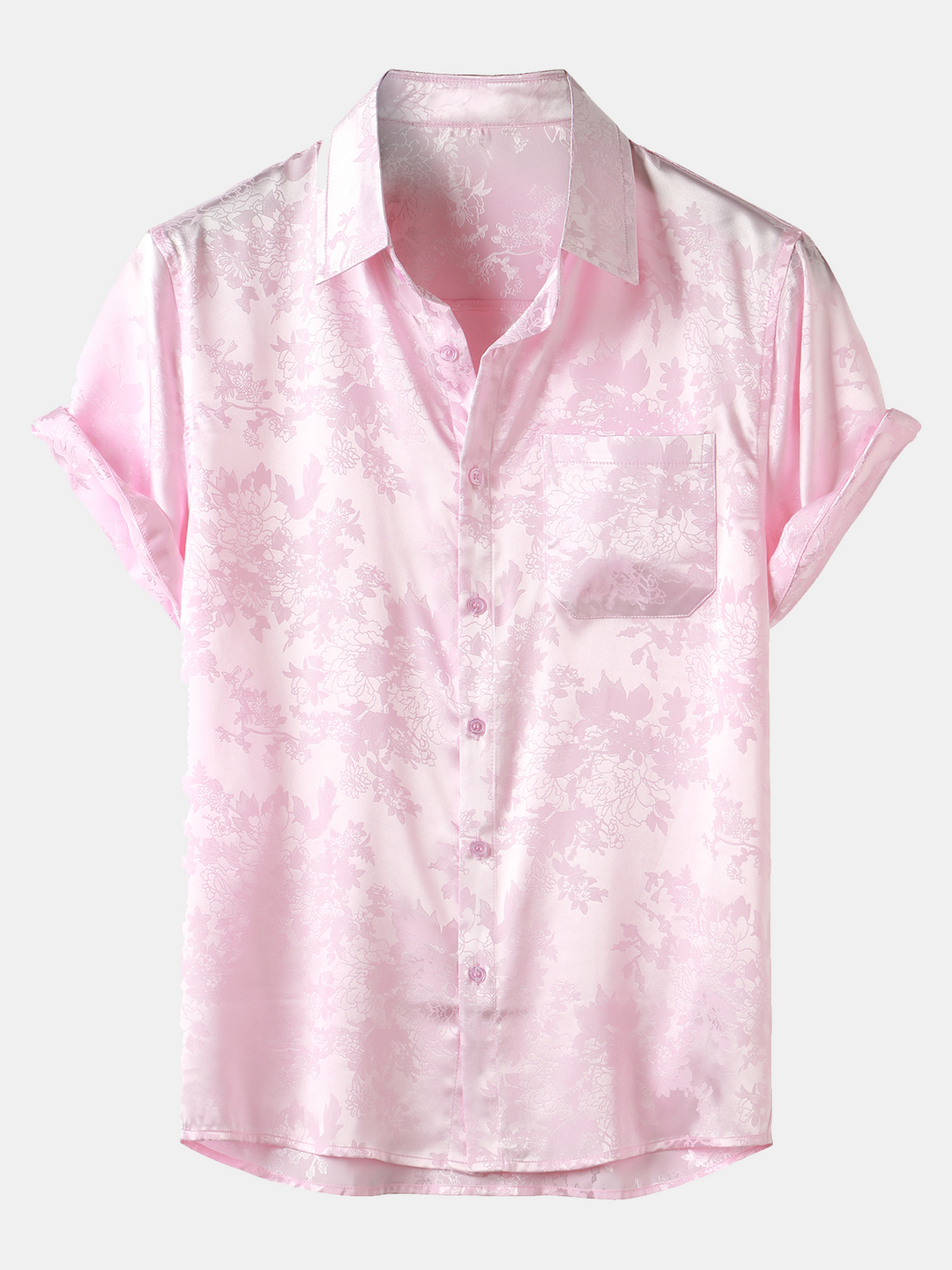 Chemise décontractée à manches courtes en satin de soie jacquard pour hommes avec poche florale
