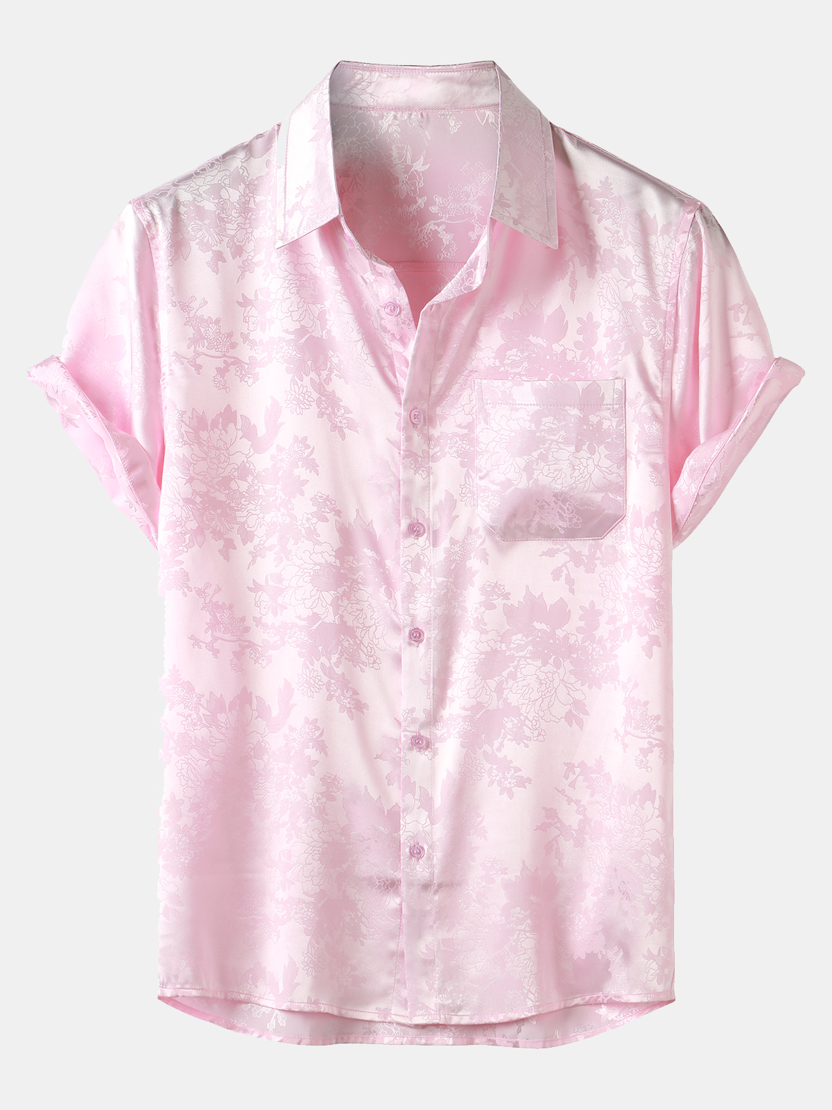 Chemise décontractée à manches courtes en satin de soie jacquard pour hommes avec poche florale