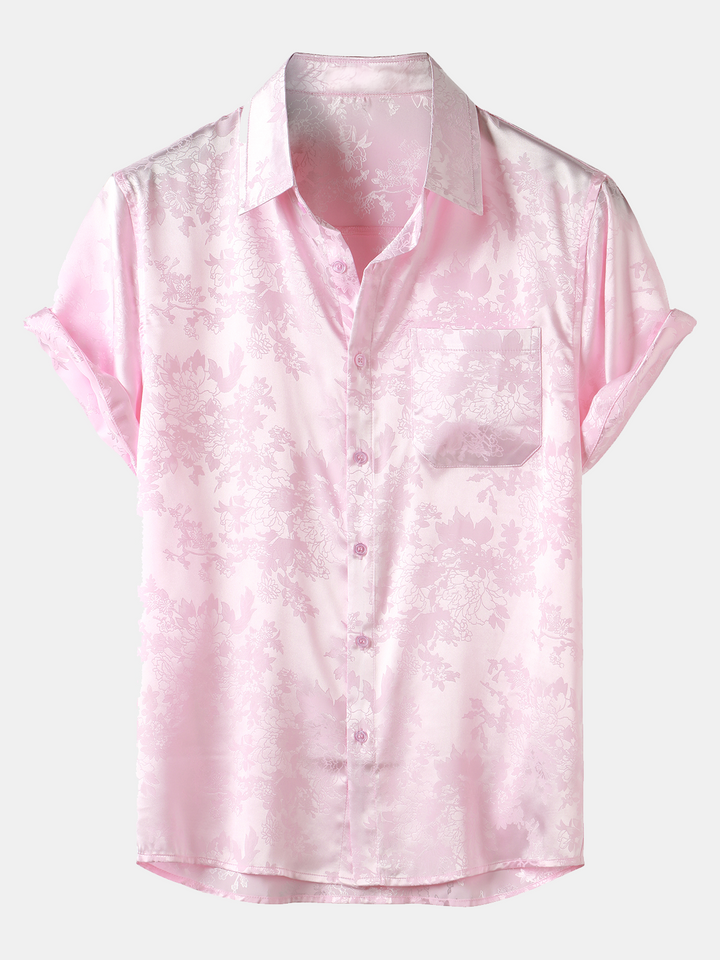 Chemise décontractée à manches courtes en satin de soie jacquard pour hommes avec poche florale