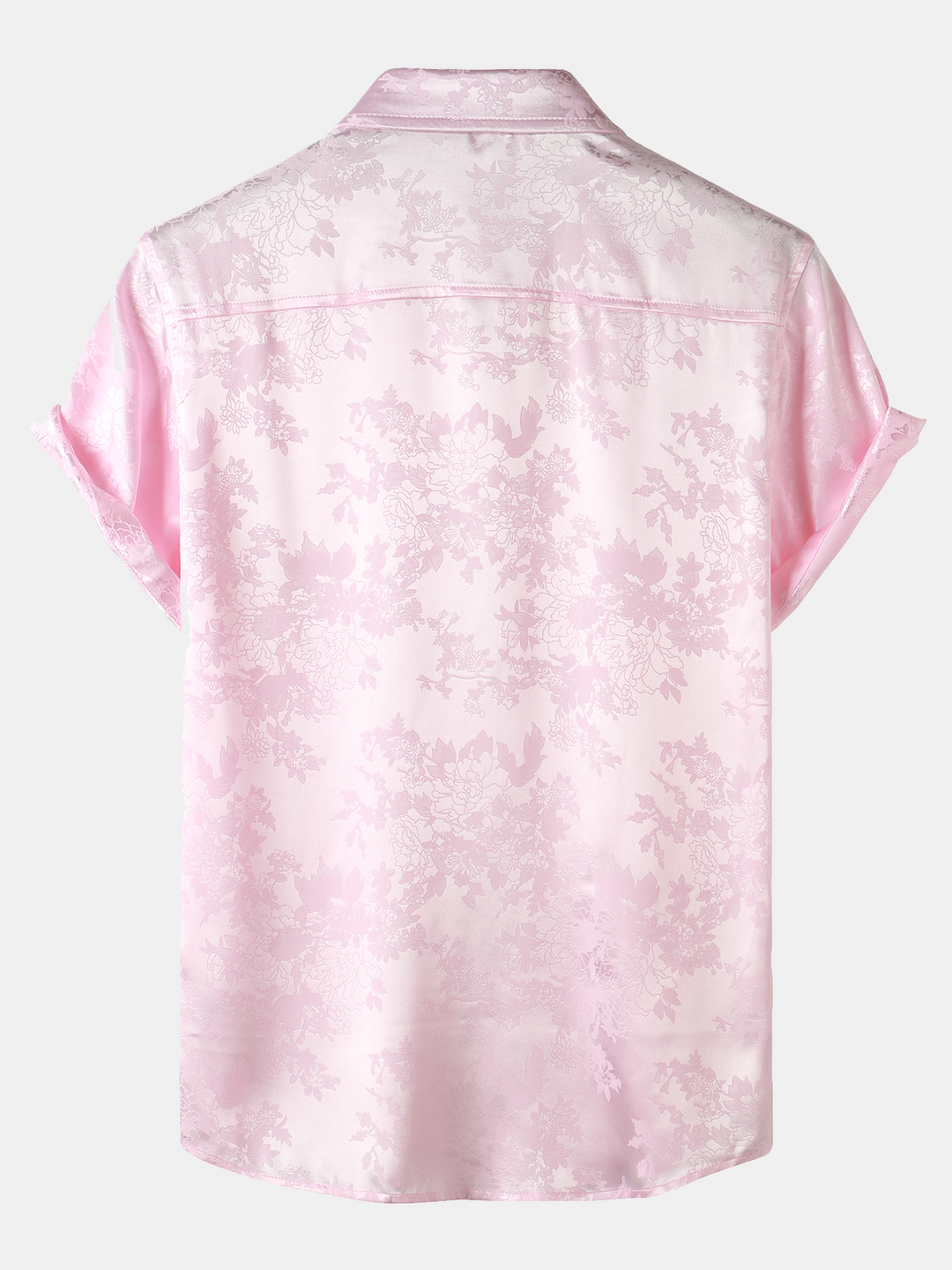 Chemise décontractée à manches courtes en satin de soie jacquard pour hommes avec poche florale