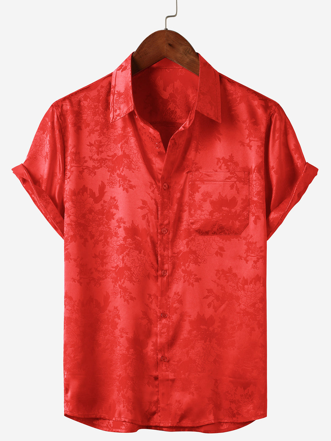 Chemise décontractée à manches courtes en satin de soie jacquard pour hommes avec poche florale