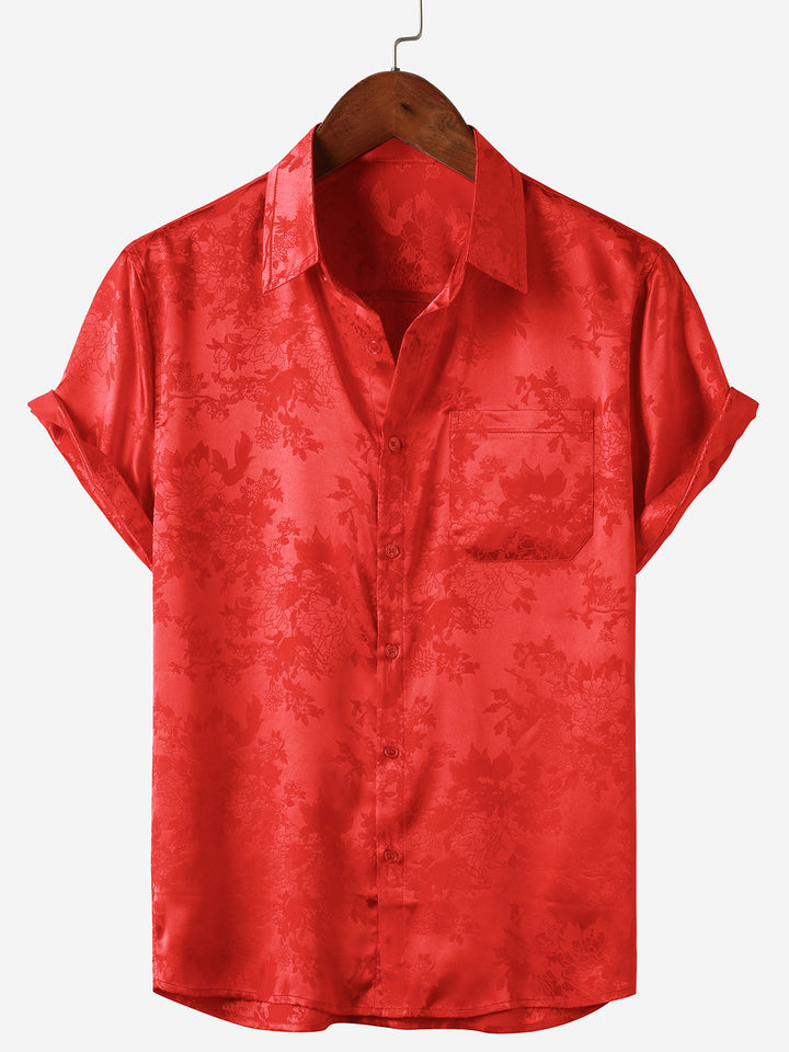 Chemise décontractée à manches courtes en satin de soie jacquard pour hommes avec poche florale